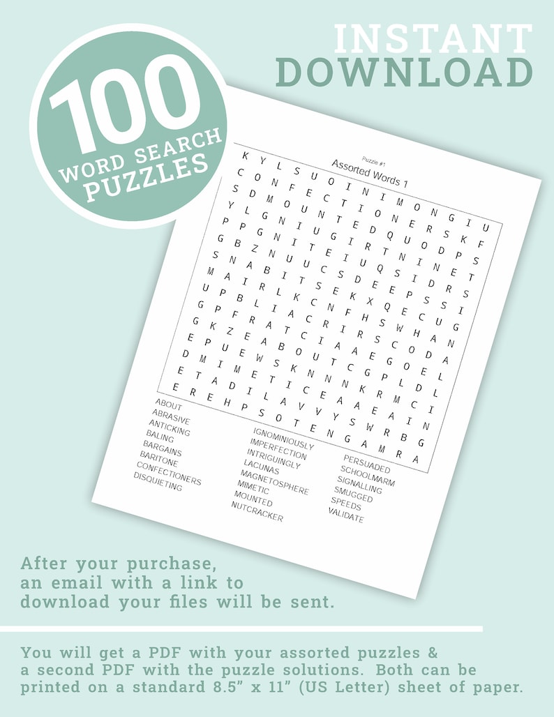 May include: A black and white printable word search puzzle with the text "100 Word Search Puzzles" and "Instant Download" in a green circle. The puzzle is labeled "Puzzle #1 Assorted Words 1".