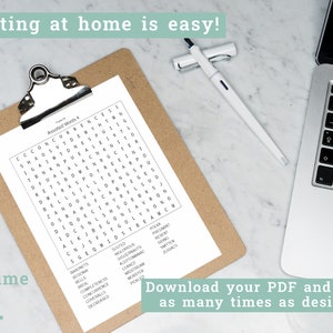 May include: A brown clipboard with a white sheet of paper containing a word search puzzle. The puzzle is titled "Assorted Words 4". The text "Printing at home is easy!" is at the top of the image. The text "Volume 1" is in the lower left corner of the image. The text "Download your PDF and print as many times as desired!" is at the bottom of the image.