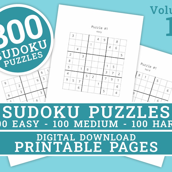 Sudoku Puzzles - Volume 1 | 300 Printable Puzzles Easy to Hard (100 Each) | Large Print | Digital | Printable Pages | Instant Download PDF