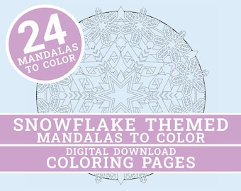 Målarbilder med snöflingmandala | 24 unika mandaladesigner | Målarbok för vuxna | Digitalt | Utskrivbara sidor | Direktnedladdning i PDF-format