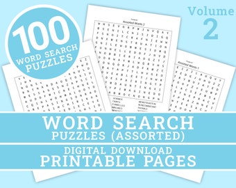 Word Search Puzzle - Volume 2 | 100 Printable Puzzle Pages for Kids and Adults | Digital | Printable Pages | Instant Download PDF