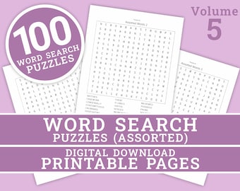 Word Search Puzzle - Volume 5 | 100 Printable Puzzle Pages for Kids and Adults | Digital | Printable Pages | Instant Download PDF