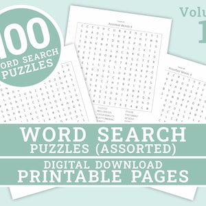 Word Search Puzzle | 100 Printable Puzzle Pages for Kids and Adults | Includes Solutions | Digital | Printable Pages | Instant Download PDF