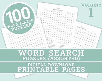 Word Search Puzzle | 100 Printable Puzzle Pages for Kids and Adults | Includes Solutions | Digital | Printable Pages | Instant Download PDF