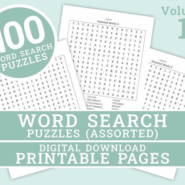 Word Search Puzzle | 100 Printable Puzzle Pages for Kids and Adults | Includes Solutions | Digital | Printable Pages | Instant Download PDF