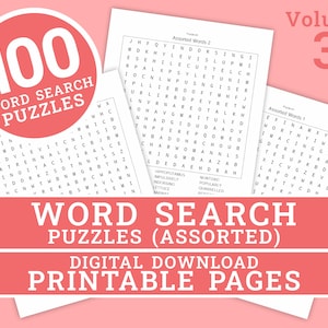 Word Search Puzzle - Volume 3 | 100 Printable Puzzle Pages for Kids and Adults | Digital | Printable Pages | Instant Download PDF