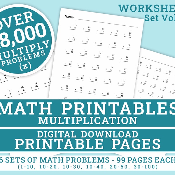 Math Printable Worksheets - Multiply - Volume 1 | 6 Sets of Multiplication Practice | Digital | Printable Pages | Instant Download PDF