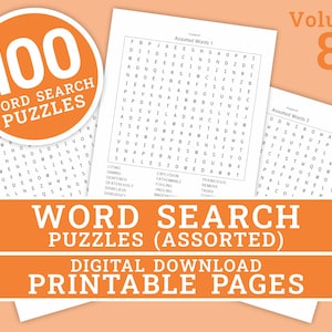 Word Search Puzzle - Volume 8 | 100 Printable Puzzle Pages for Kids and Adults | Digital | Printable Pages | Instant Download PDF
