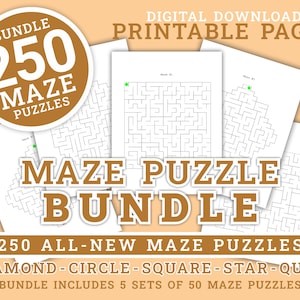 Peut inclure: Un lot de 250 puzzles de labyrinthe imprimables à télécharger numériquement. Le lot comprend cinq ensembles de 50 labyrinthes chacun, avec différentes formes, notamment le diamant, le cercle, le carré, l'étoile et le quad.