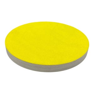 May include: A stack of round, yellow sanding discs with a grey edge. The discs are made of a felt-like material and are used for sanding and polishing surfaces. The stack is viewed from a slight angle.