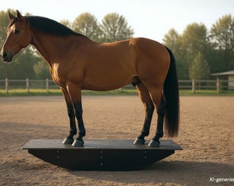 May include: A brown horse with a black mane and tail standing on a black, curved balance board platform. The horse is positioned in profile, displaying its muscular build and dark lower legs while balanced on the stable, arched base structure.