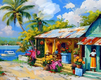 Stampa artistica di un villaggio caraibico, colorata scena di mare di Dominica, Santa Lucia o Grenada / Decorazione murale tropicale con barca e fiori