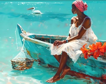 Può includere: Una stampa artistica incorniciata raffigura una donna con un vestito bianco e un foulard rosa seduta su una barca turchese. La barca contiene fiori arancioni e un cesto. Un pellicano galleggia nell'acqua turchese.