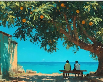 Caribbean Men Under a Mango Tree - Tropical Coastal Wall Art Print