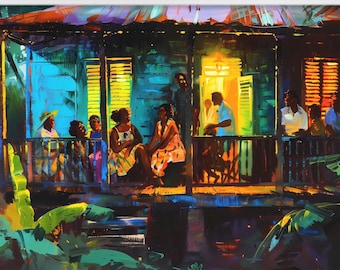 Trinidad Liming Scene Art Print on HQ Archival Paper  – Caribbean Verandah Gathering, Island Nightlife Wall Art,  Trinidad & Tobago Artwork