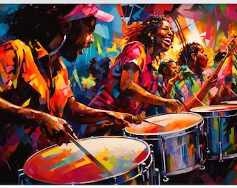 West Indian Art of Band Playing Music in Trinidad, Trinidad Painting Art, Caribbean Wall Art Poster Print Trinidad Island Heritage Cultural