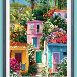 May include: A framed art print depicting colorful buildings nestled among lush tropical foliage. The artwork features vibrant hues of yellow, pink, and blue, with accents of green and red. Palm trees and flowers add to the tropical scene.