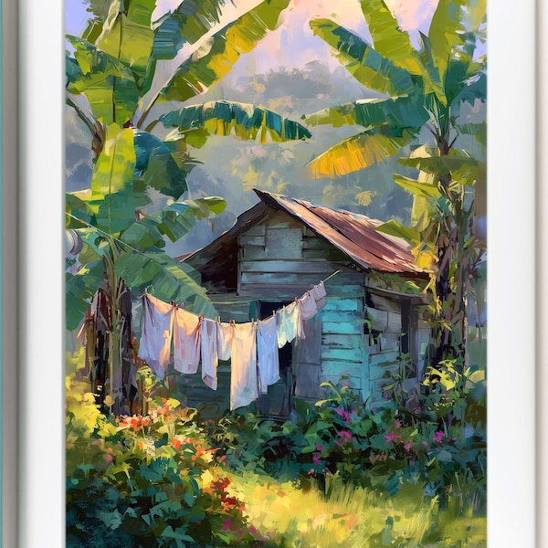 Jamaican Mountain House Art Print, Caribbean Village Wall Art, Tropical Banana Tree Landscape, Jamaica Poster, Island Home Decor