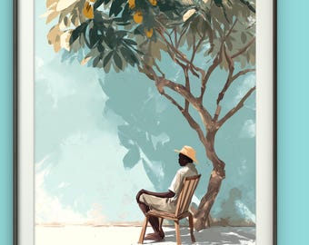 Caribbean Mango Tree Art Print | Afro Caribbean Man Under Tree Painting | Tropical Wall Art | Minimalist Caribbean Artwork