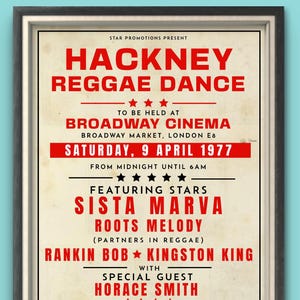 Vintage Reggae Music Poster 1977 | Hackney London Sound System Flyer | Caribbean Party Wall Art | Dancehall Retro Print