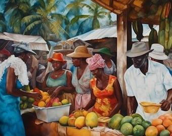 Caribbean Market Painting Giclee Print  - Gift Jamaican, Dominican, St Lucian, Grenadian Art Poster Print