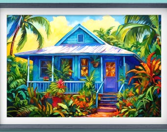Casa caraibica blu in questo dipinto tropicale, casa caraibica, Grenada, Giamaica, Tobago, Santa Lucia, arte, poster decorativo da parete caraibico