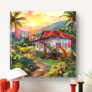 House in Jamaica Hills, Caribbean Canvas Art, Jamaican Art piece - 12x12 or 16x16 small canvas, Makes a nice gift for a Jamaican