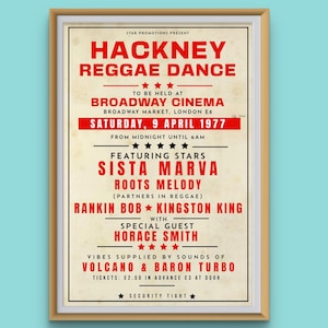 Vintage Reggae Music Poster 1977 | Hackney London Sound System Flyer | Caribbean Party Wall Art | Dancehall Retro Print