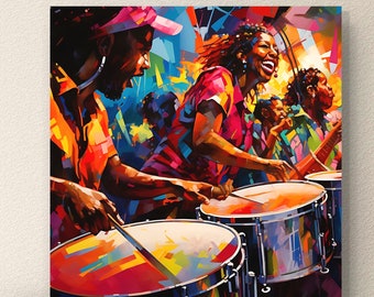 Opera d'arte del Carnevale di Trinidad, banda che suona steel pan, tela caraibica, dimensioni quadrate