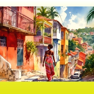 Jamaica Wall Art, Poster Print of Jamaican Girl in Street Scene, Caribbean Wall Decor, Black Woman Art, Caribbean Art of West Indies,