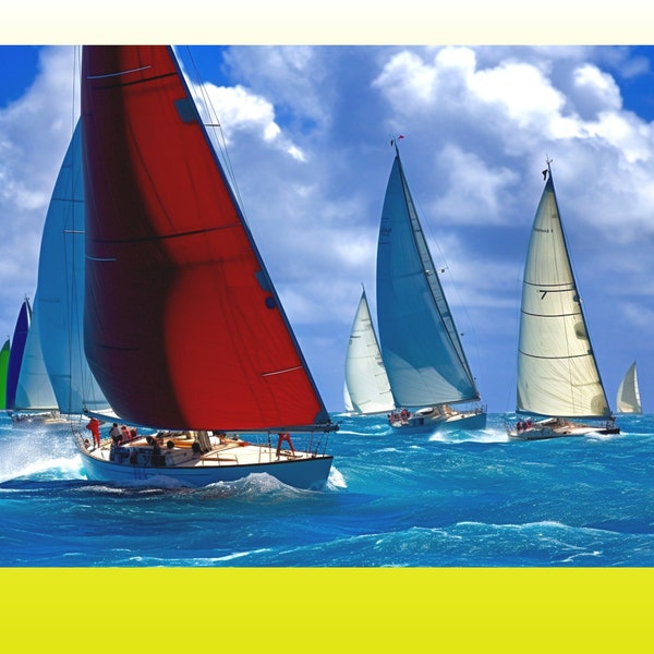 Arte de yates, arte de vela, cartel de yates, carrera de yates de regata en St. Maarten, pintura acrílica, arte de pared para marineros, regalo para marineros, yates