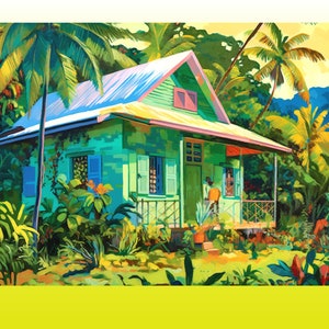 Caribisch schilderij van blauw huis in de bergen, Jamaica kunst berghuis, Caribisch wand decor, Jamaicaans schilderij op poster print