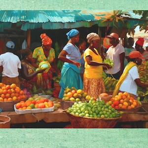 Caribbean Market Print of Selling Fruit, West Indies Art, Wall Decor