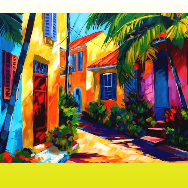 Guadeloupe Art, French West Indies Art, French Antilles Wall Decor, houses in alleyway in Guadeloupe, Gwada art, French Caribbean Art