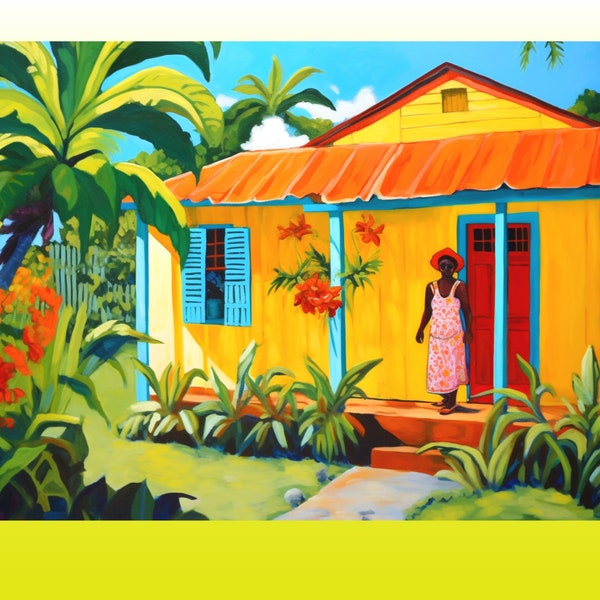Barbados Chattel House in Orange Print, Caribbean Art 8x12, 18x12, 16x24 or 24x26 inches, Caribbean House Print on Silk Poster