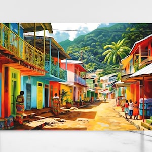 Dominica Wandbild - Mehr Dorfleben, karibische Wandkunst von Dorf auf Dominica mit Dame in Madras, karibische Kunst, Leinwand, 30x20cm