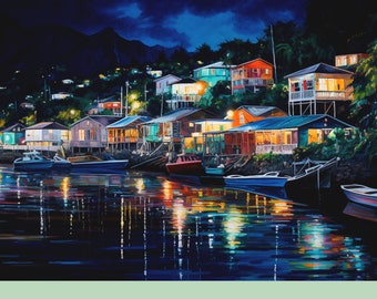 Night Art of Caribbean Port in St Martin, West Indies Print, Gift from Caribbean