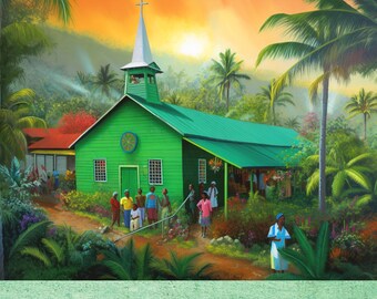 Caribbean Painting of Green Church, Religious Art