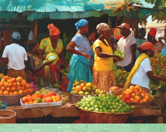 Caribbean Market Print of Selling Fruit, West Indies Art, Wall Decor