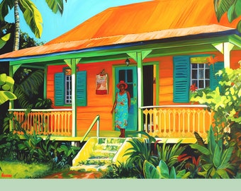 Caribbean Painting of House in Tobago, Orange Caribbean Chattel House