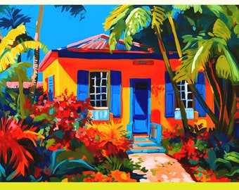 Barbados Print Art, Caribbean Wall Decor, Yellow Caribbean House on the Hill, Caribbean Wall Art, Silk Poster Print