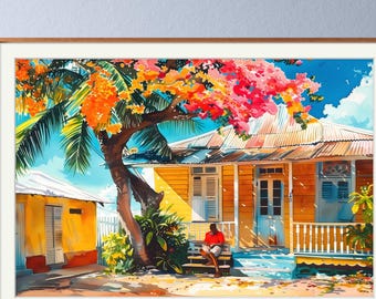 Stampa artistica di Grenada raffigurante una casa caraibica con un albero di mango / Scena di strada di un villaggio tropicale / Stampa artistica di una casa caraibica con un'opera d'arte murale colorata