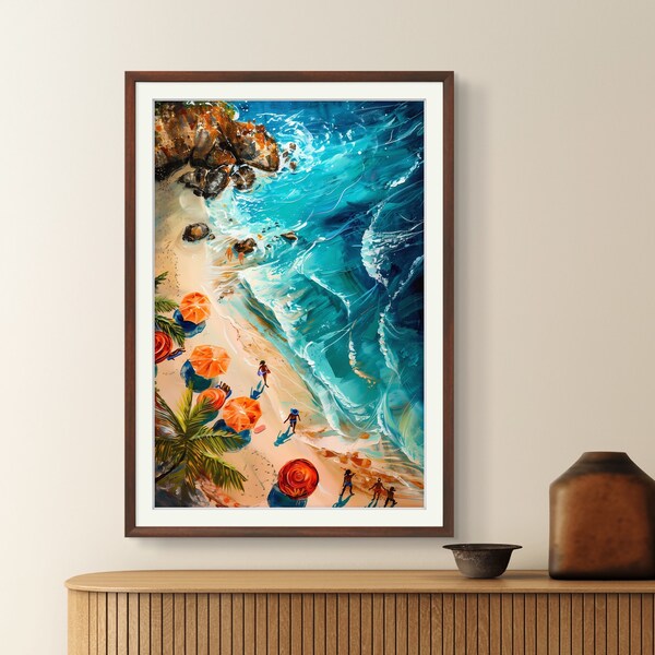 Caribbean Beach Print Guadeloupe Beach from Above French West Indies Caribbean Island Art Vivid Blue and Beige Print