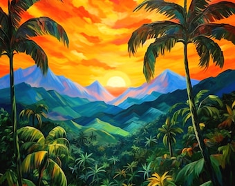 Caribbean Canvas Art of Jamaican Mountains with Sunset. This Jamaica Art is perfect for a gift for a Jamaican or just for memories. Large.