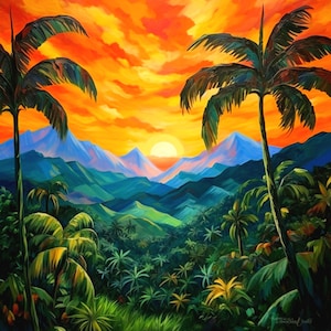 Caribbean Canvas Art of Jamaican Mountains with Sunset. This Jamaica Art is perfect for a gift for a Jamaican or just for memories. Large.