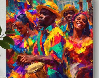 May include: A colourful painting shows a lively street scene with people in festive attire. The artwork depicts a group of people playing drums and dancing, with bright colours and bold brushstrokes. The painting is displayed on a white wall.