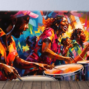 May include: A vibrant painting depicts a musical ensemble. The artwork showcases musicians playing drums and guitars, with a lively use of color. The painting's style is expressive, capturing the energy of a performance.