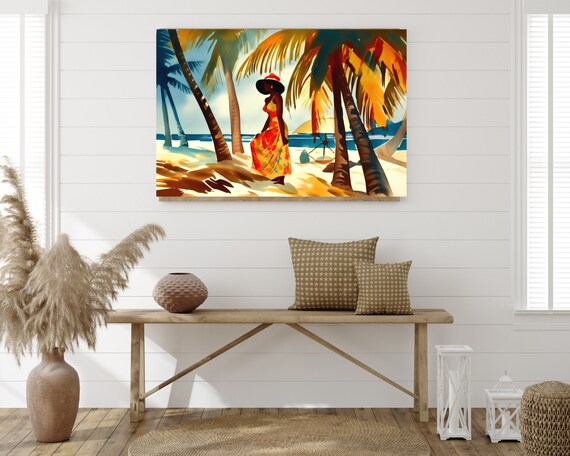 Caribbean Art of Lady in Orange Dress on Beach Poster Print, West Indies,  Beach Art, Tropical, Coastal Wall Art for Living Room, Office 