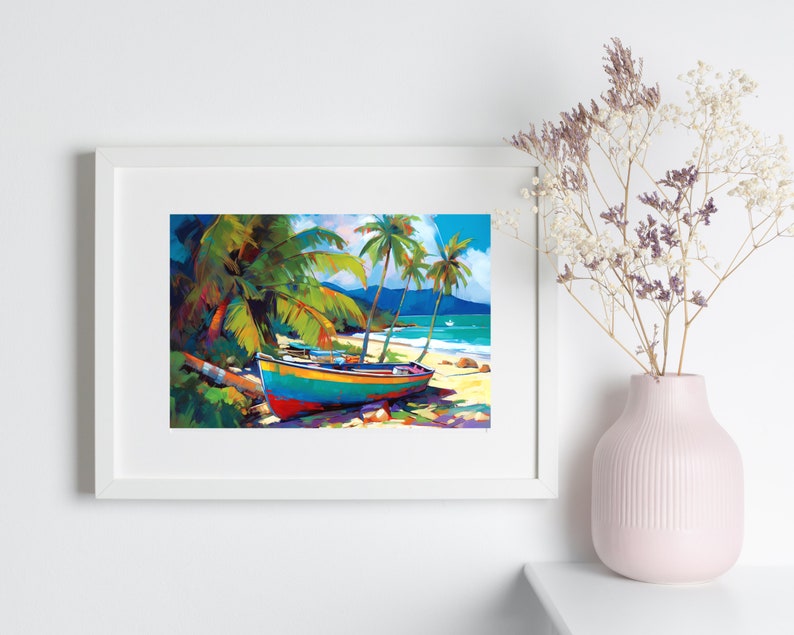 Caribbean Beach With Fishing Boat, Caribbean Wall Decor, Jamaica Art
