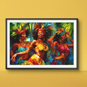 Caribbean Carnival Art: Three Women Dancing in Vibrant Costume  in Trinidad Jamaica Grenada St Lucia or Antigua Giclee Print or Silk Finish